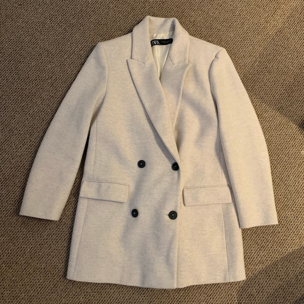 Zara Double-Breasted Cream Blazer Coat - Picture 3 of 10